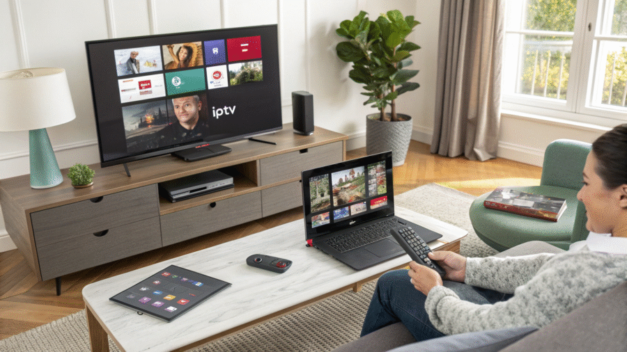 Smart TV showing IPTV interface with multiple compatible streaming devices in a modern living room