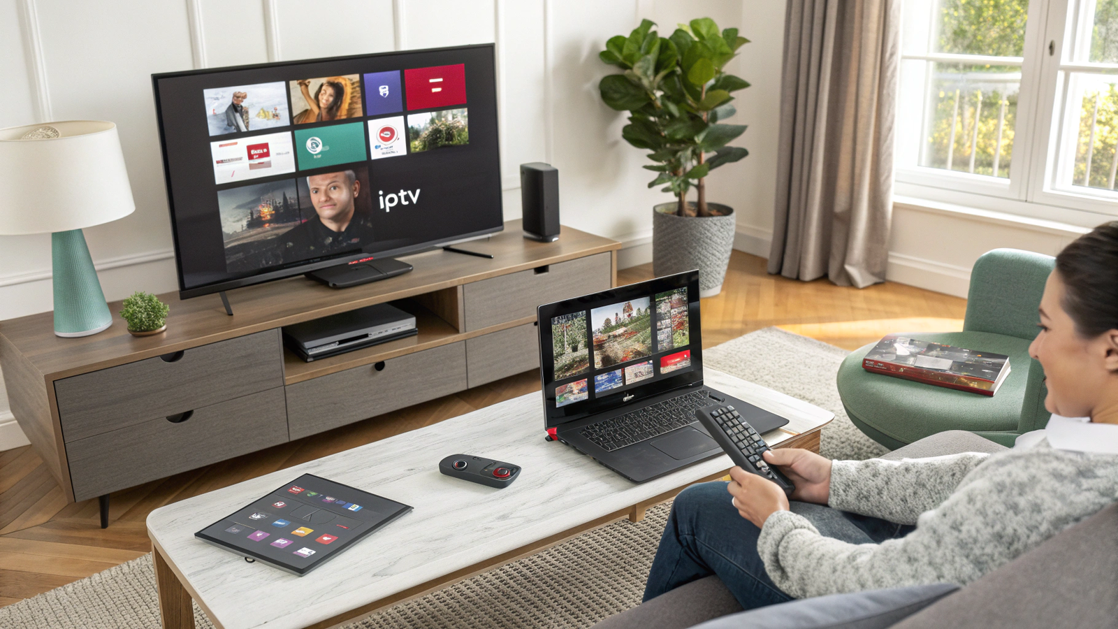 Smart TV showing IPTV interface with multiple compatible streaming devices in a modern living room