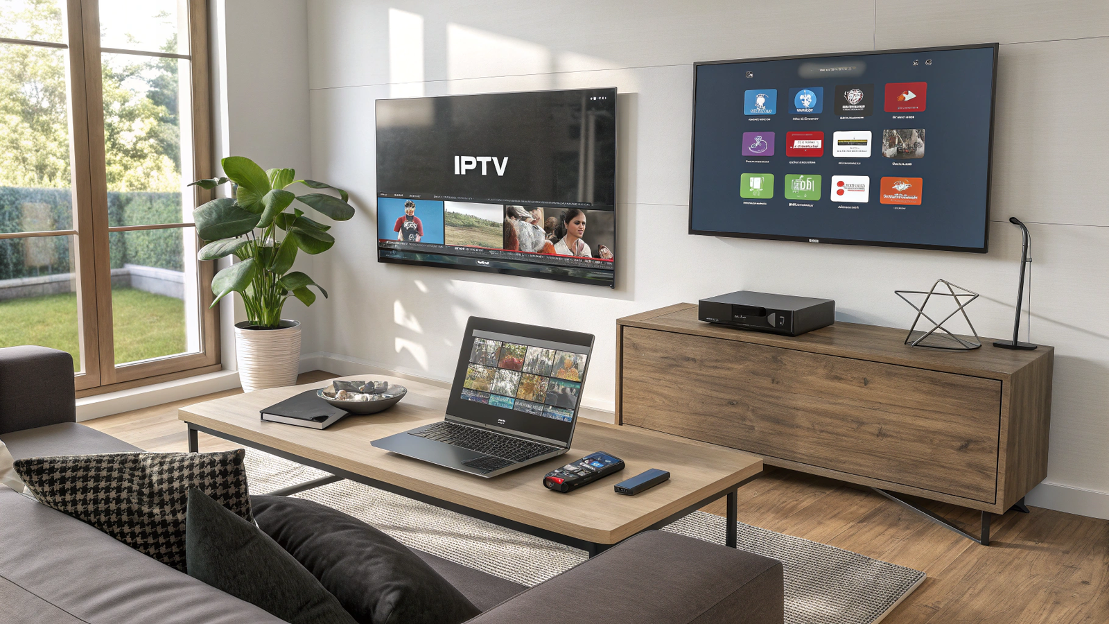 Greatest IPTV review, Smart TV displaying IPTV channels with multiple devices like Firestick, laptop, and Android TV box nearby